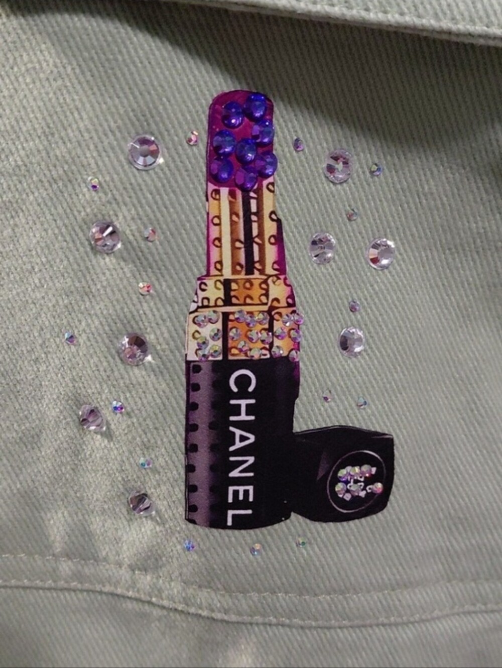 Upcycled CC Monogrammed Appliqued Cropped Denim Jacket w/ rhinestones.